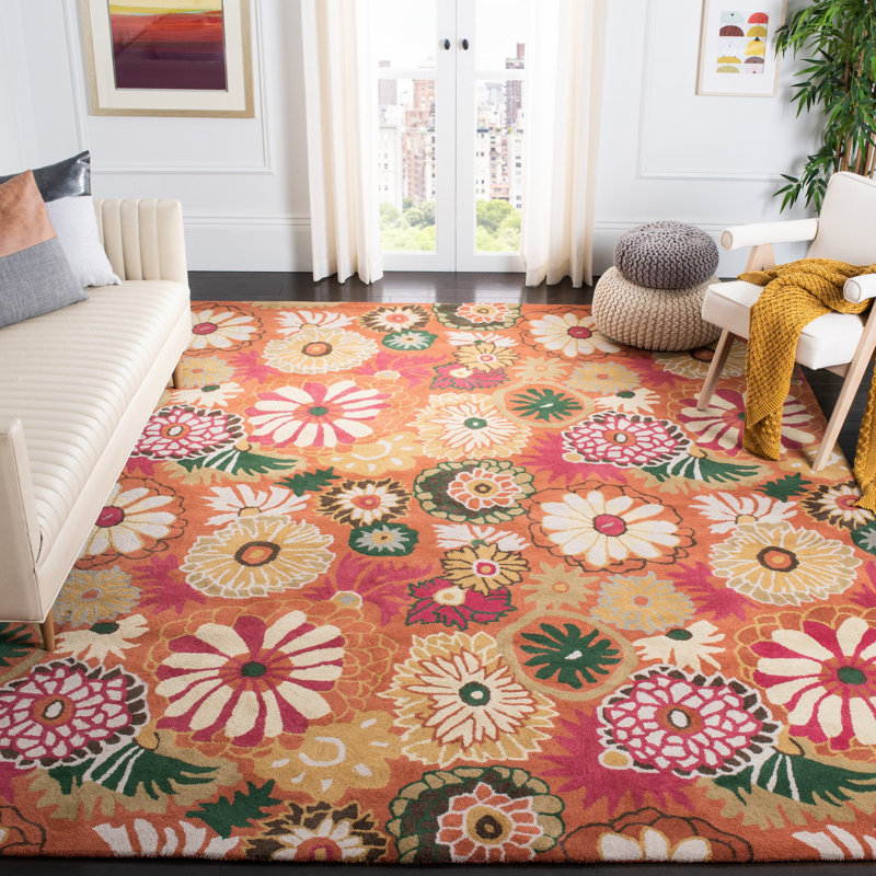 Ivory and Rust Floral Hand-Tufted Wool 8' x 10' Rug