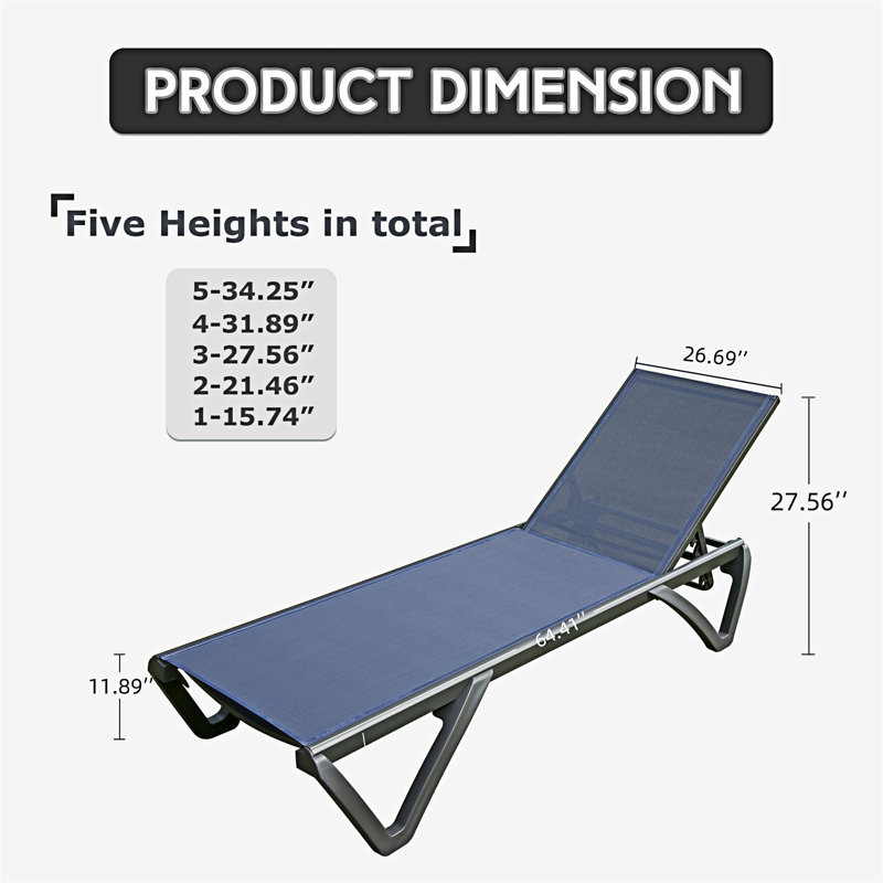 Outdoor Lounge Chair With Adjustable Backrest Set Of 2, Navy Blue