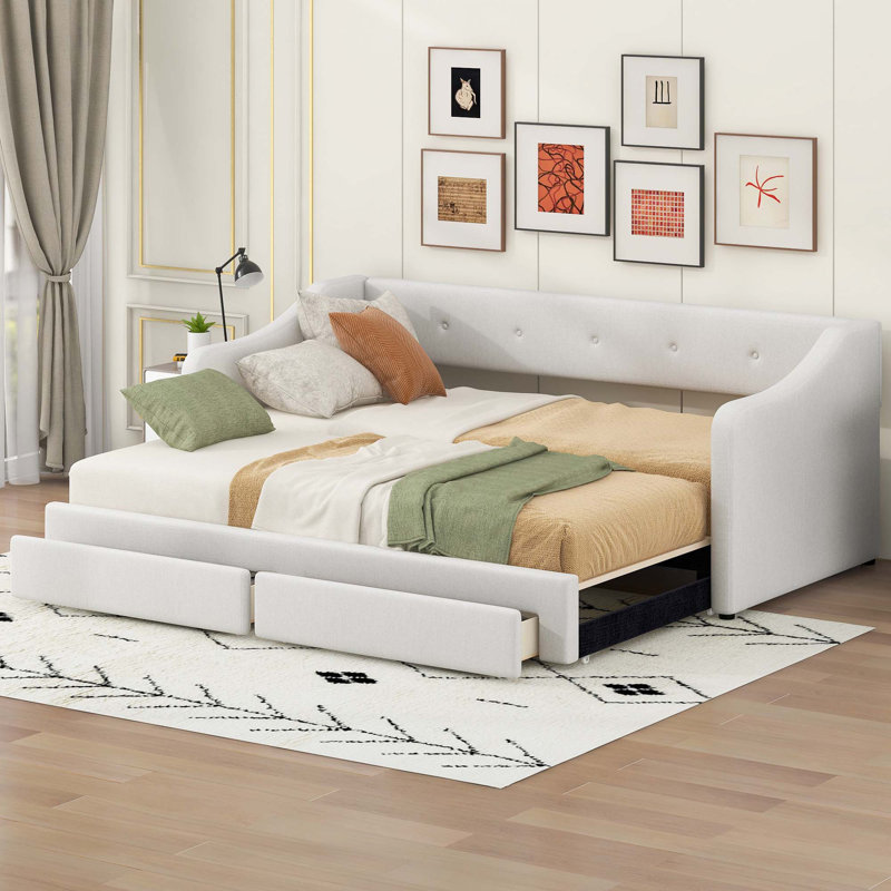 Twin XL to King Size Upholstered Daybed with Two Drawers, Beige