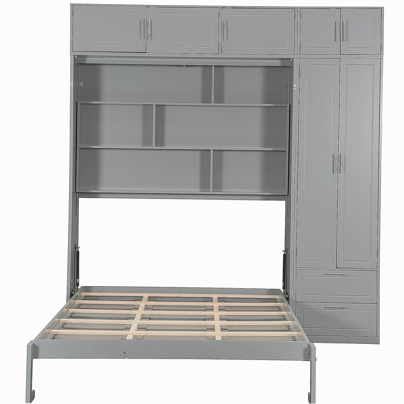 Grand lit escamotable mural avec armoire supérieure, tablettes et garde-robe, lit pliant peu encombrant, gris (ancien sku: N708S00022E)