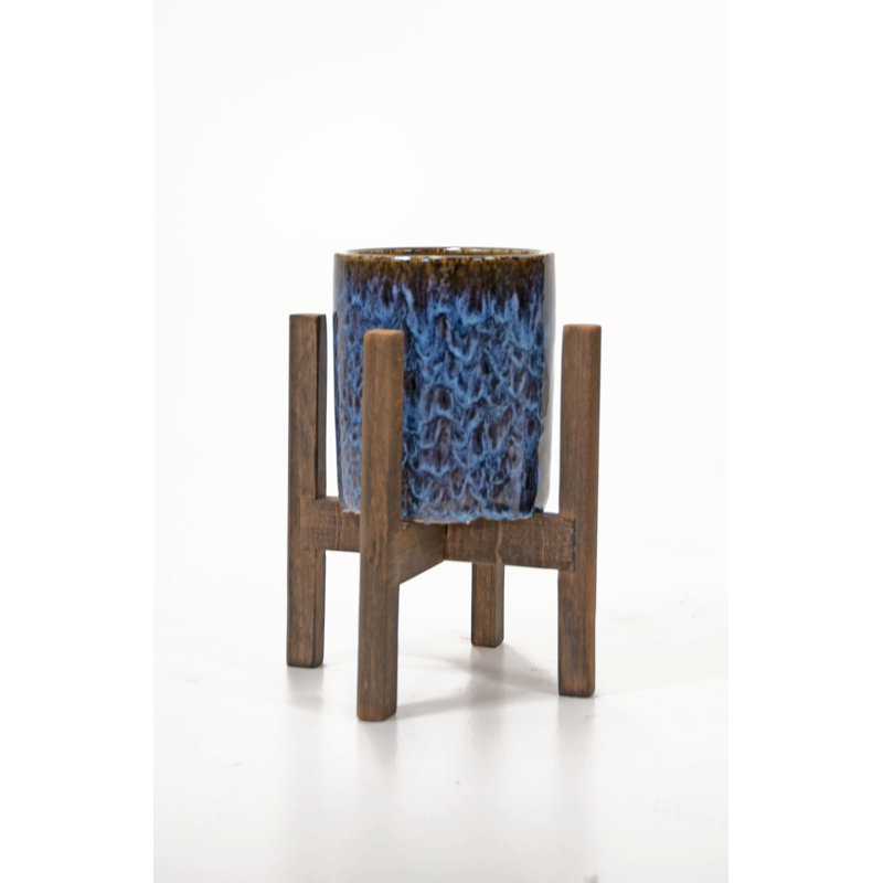 Wood Pot Planter, 5" H x 4.7" W x 4.7" D, Peacock Blue/Walnut
