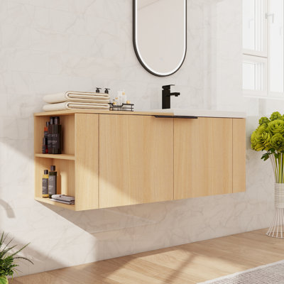 Meuble-lavabo flottant 48 po avec lavabo en résine, meuble-lavabo mural 2 portes et 2 tablettes latérales