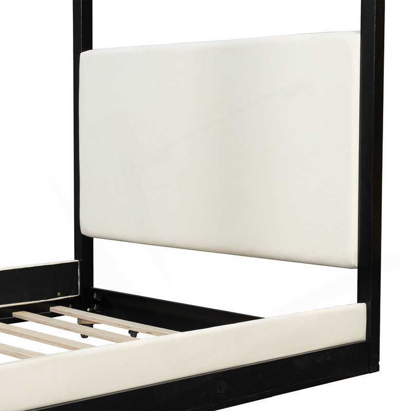 Lit plateforme à baldaquin en bois grand avec tête de lit tapissier, Noir