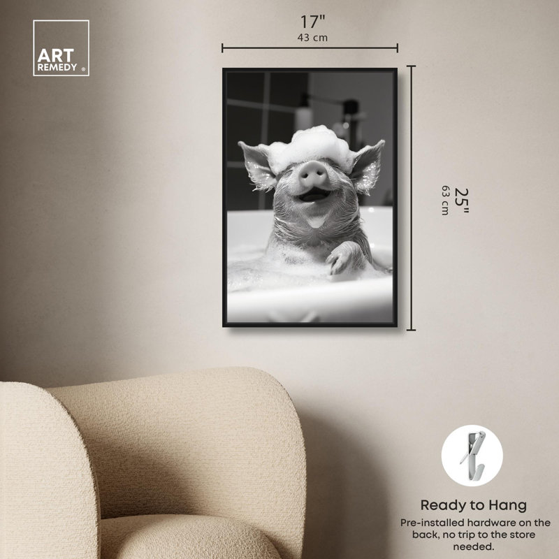 Art, art amusant, salle de bain, toile Happy Bathtime II, H 25 po x l 17 po, Cadre flottant noir