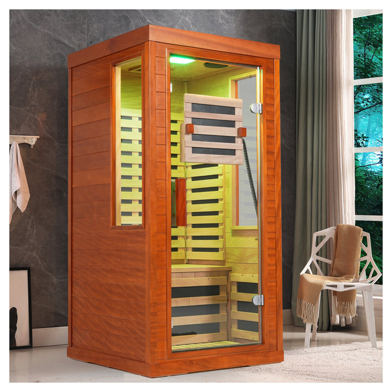 Sauna infrarouge lointain naturel en bois massif naturel avec porte en verre et audio Bluetooth