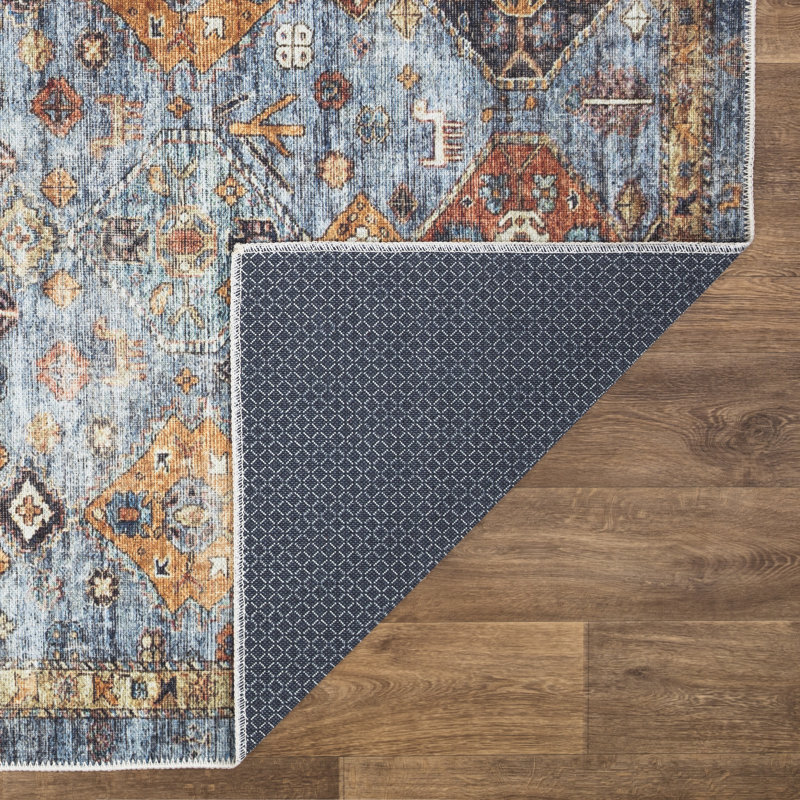  Tapis lavable antidérapant - Tapis de bordure traditionnel bleu / orange pour l'entrée, le couloir, la salle de bain et la cuisine
