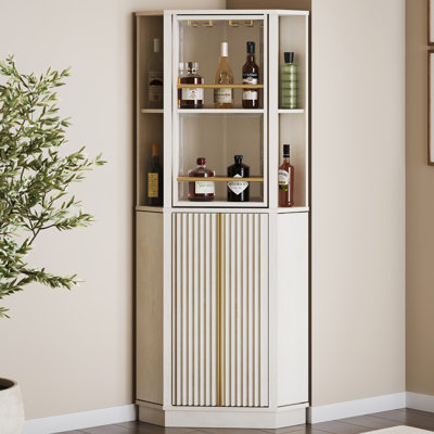 67.9" Tall Corner Bar Storage Cabinet w/ Rotating Wine Rack, White Sand