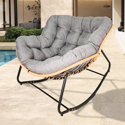 Fauteuil à bascule de patio en forme d'œuf, chaise d'intérieur plus grande pour l'extérieur avec dossier à oreilles et siège confortable rembourré en coton gris foncé de style moderne pour le porche de la chambre à coucher, design ergonomique noir et gris