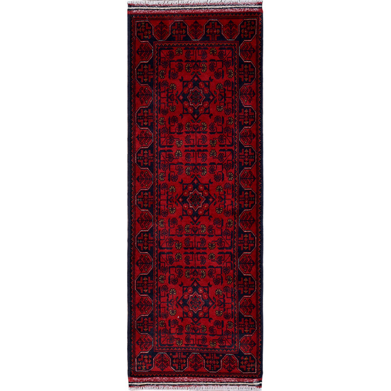 Rouge cramoisi 1 pi 9 po x 4 pi 9 po, laine douce, Khamyab afghan avec motif géométrique, noué à la main, colorants végétaux, tapis court et étroit, tapis oriental