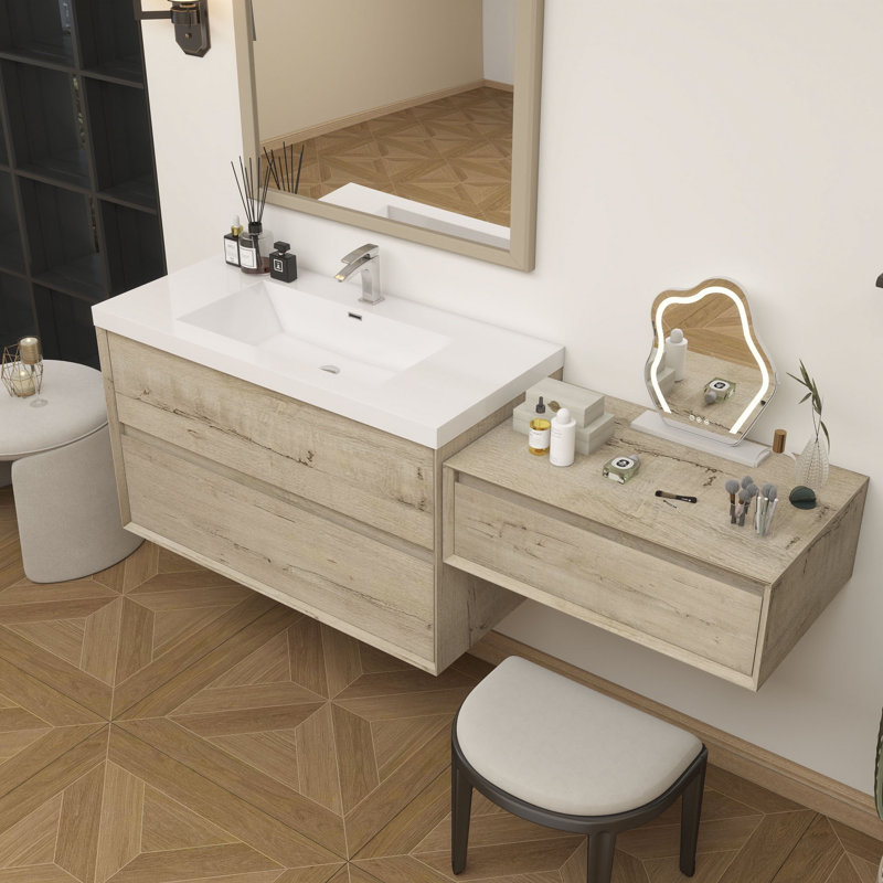 59 " W Wall Mounted Wall Mounted Single Double Single Vanity Bathroom Vanity With Acrylic Top, Light Oak