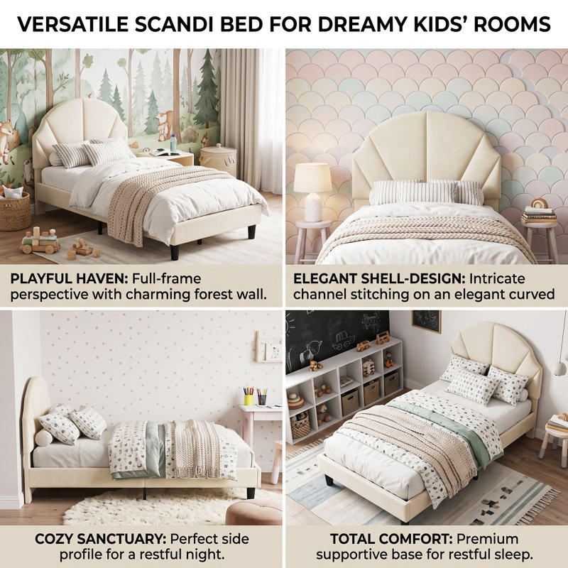 UK & EU Kids Velvet Bed Frame, Scalloped Shell Upholstery Bed with Height-Adjustable Headboard, Beige/Pink, Single (3')