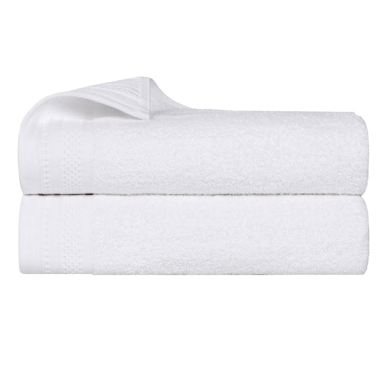 Honeycomb Textured Waffle Border Cotton Medium Weight Bath Sheets, White