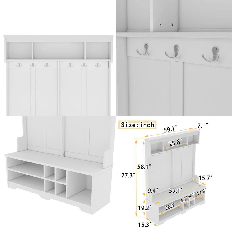 Modern Hallway Hall Tree With Metal Hooks And Storage Space, Multi-Functional Entryway Coat Rack With Shoe Cubbies, White