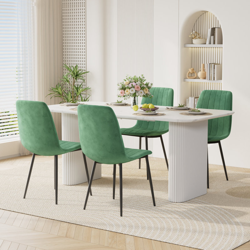 Marble texture 70.9 "Rectangular Dining Table Set, White, Green, 5