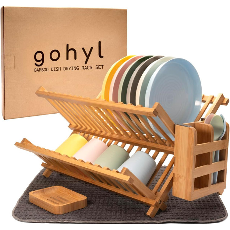 Bamboo Dish Drying Rack Utensil Holder Collapsible Wooden Dish Drainer Rack  2-Tier Folding Drying Holder for Kitchen Counter