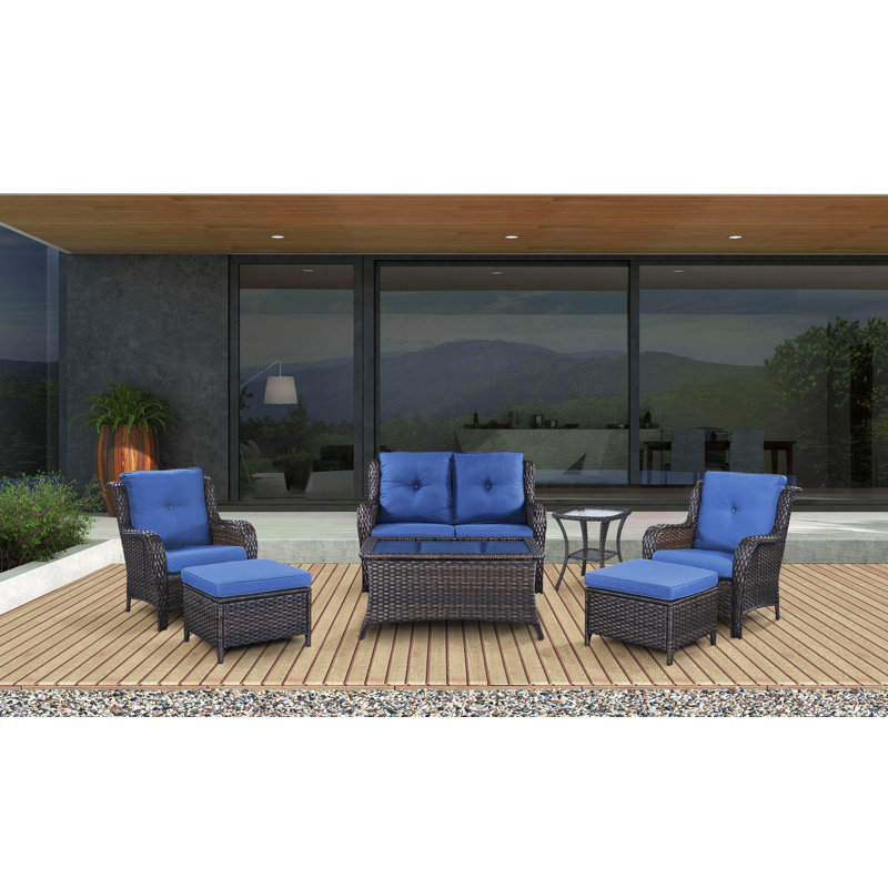 Schutt Wicker 4 - Person Patio Conversation Set with Cushions, Blue Cushion/Brown Frame