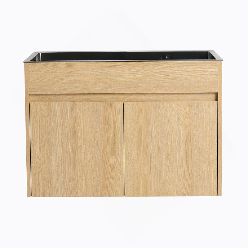 Meuble-lavabo mural avec lavabo en acier inoxydable et drain flexible, porte à fermeture en douceur