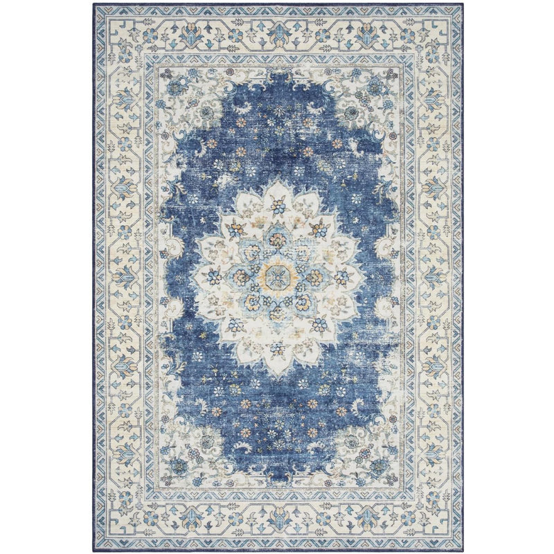 Vintage Boho Area Rug – Washable Floral Print, Non-Slip, Low Pile Carpet for Bedroom, Living Room, Dining Room (Blue)