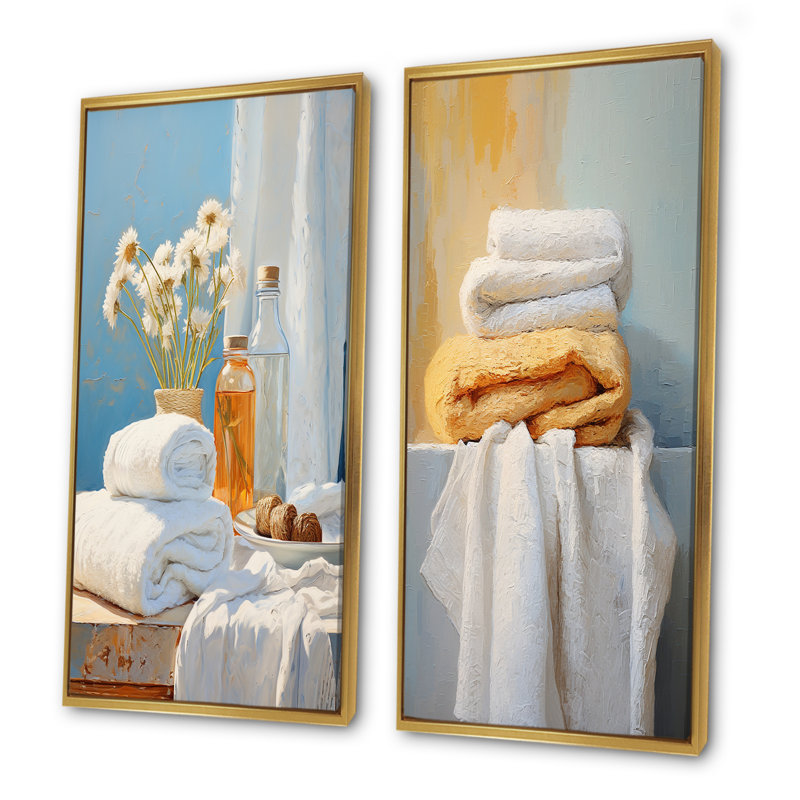 Ensemble de 2 toiles blanches et orange, Cadre flottant doré, H 40 po x l 41 po