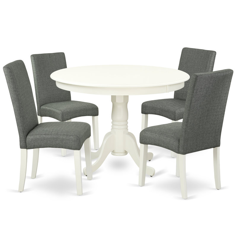 5 Piece Dinette Set for 4 Includes a Round Dining Room Table with Pedestal and 4 Gray Linen Fabric Parsons Dining Chairs, Linen White