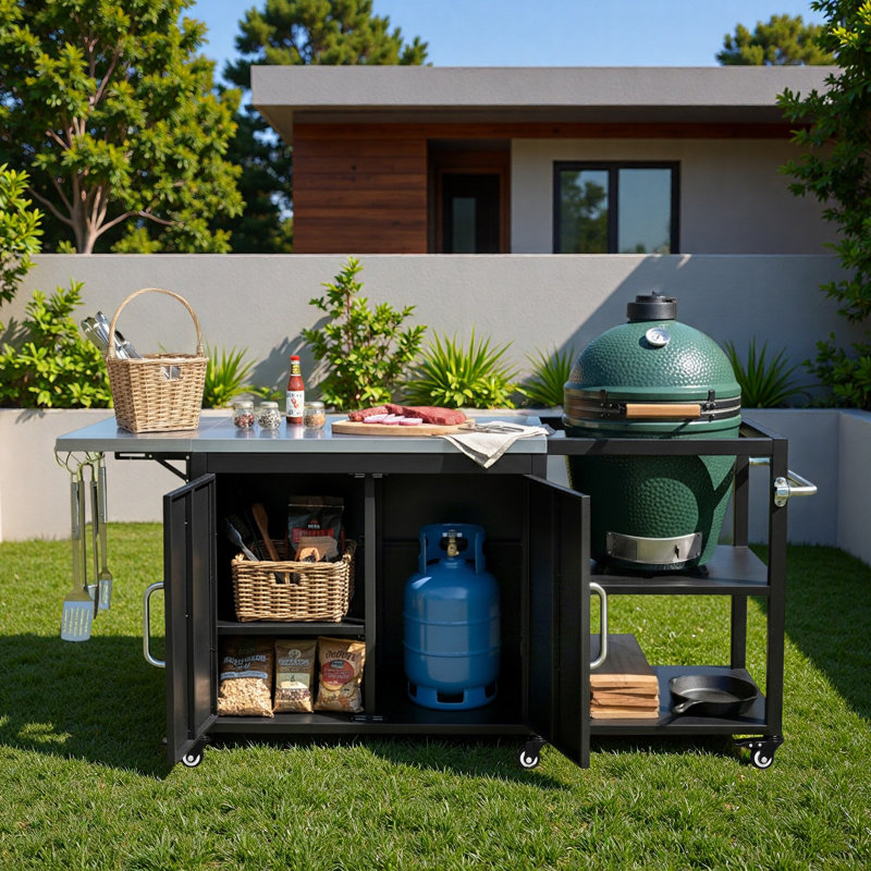 Grand îlot de cuisine avec chariot de rangement pour l'extérieur, armoire de rangement, abattant en acier, tablette réglable, crochets et ouvre-bouteille