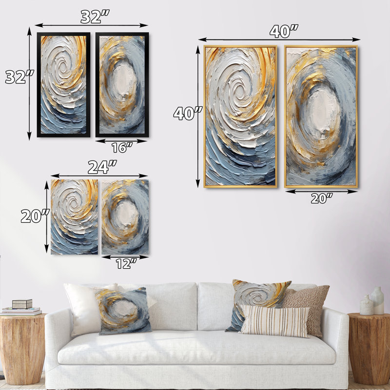 2 pièces sur toile - Spirales vibrantes dorées et bleues, Encadrement doré, H 20 po x l 24 po