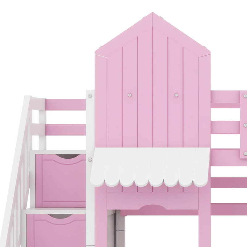 Lit superposé simple au-dessus de simple, lit superposé château avec 2 tiroirs, 3 tablettes et glissade, lit superposé en bois massif