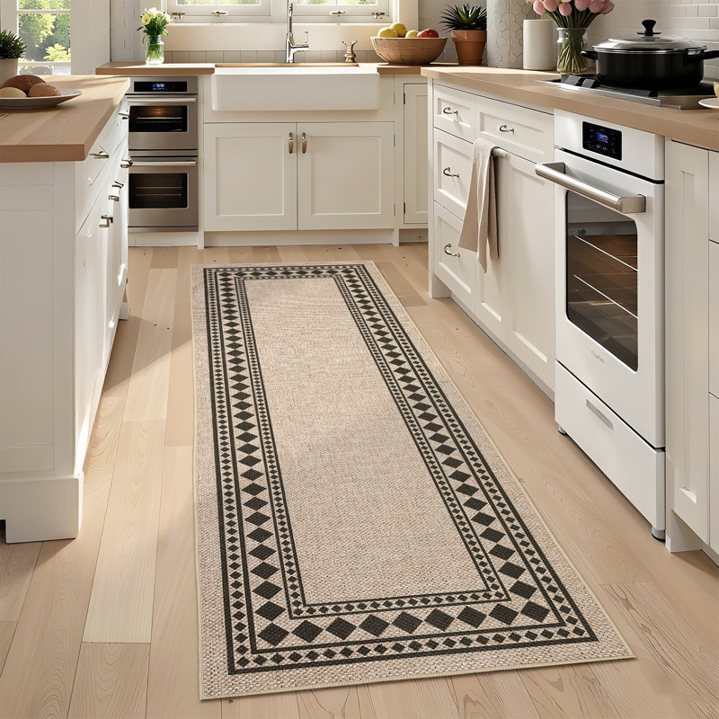 Modern Easy Jute Rug Machine Washable Geometric Bordered Indoor Outdoor Carpet with Non-Slip Backing, Non-Shedding Floor Cover for Backyard, Bedroom, Patio