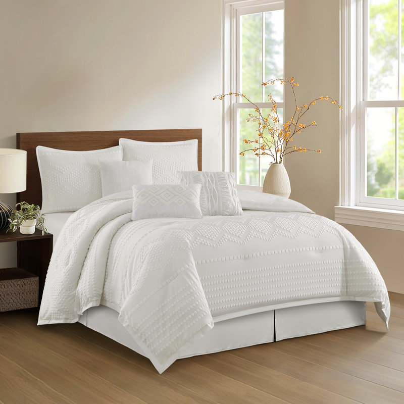 Ensemble d'édredon jacquard géométrique 7 pièces Whki, Blanc, Très grand lit