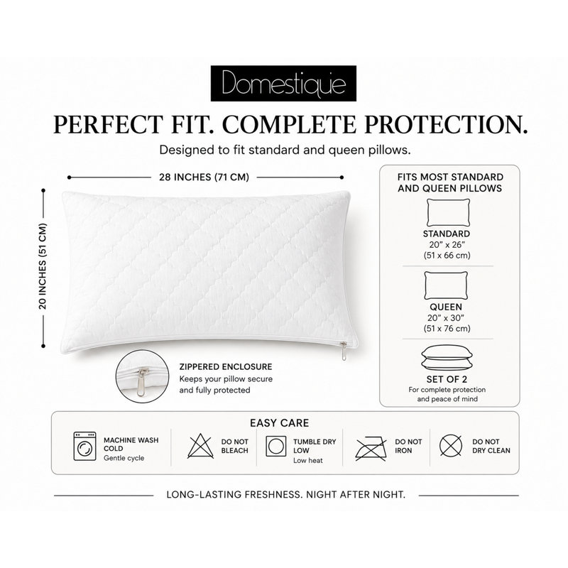 Domestique Cotton Queen Waterproof Pillow Protectors, Set of 2, 100% Premium Cotton Diamond Quilted Pillow Covers with Zipper Closure, Soft Breathable Machine Washable Pillow Protectors