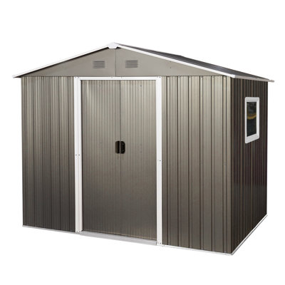 Remise de rangement extérieure en métal gris 8 pi x 6 pi - Fabrication en acier galvanisé, évents intégrés perforés, porte coulissante avec serrure, assemblage facile pour la structure en fer d'atelier, ventilation des évents, garage à construire