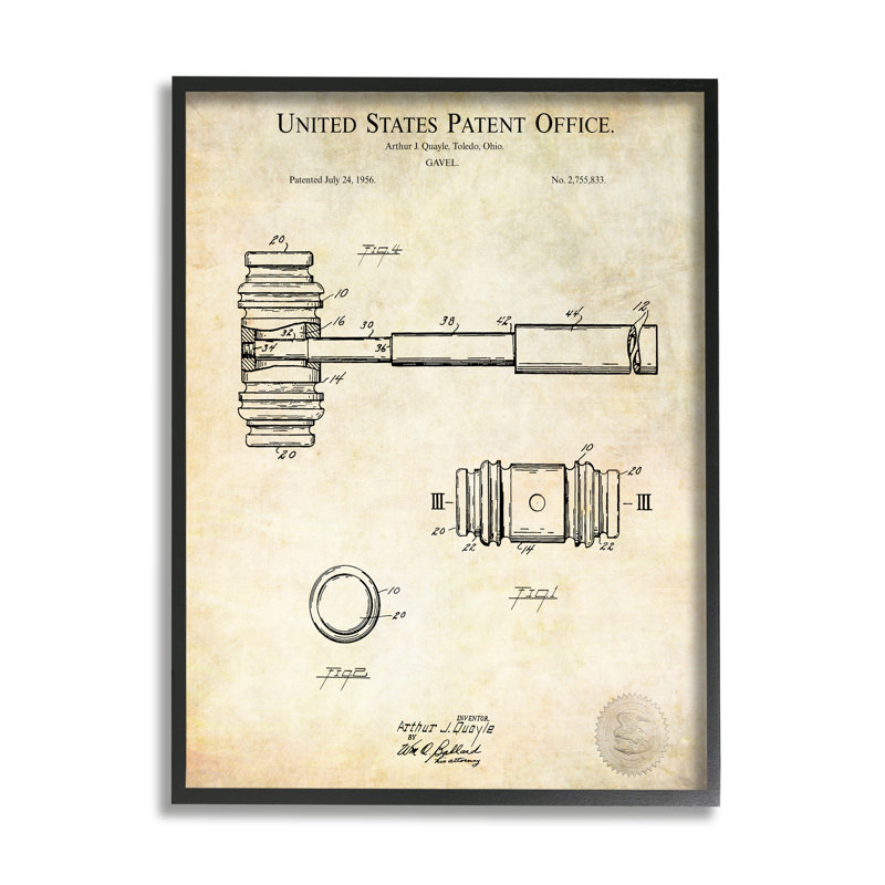 Schéma de brevet rétro, L 16 po x H 16 po, Giclée encadrée noir minuit