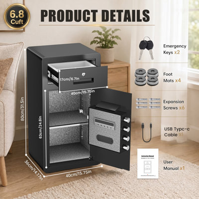 Coffre-fort de 6,8 litres avec sac ignifuge, coffre-fort de luxe avec écran ACL et fonction de mot de passe caché, grand coffre-fort avec fente de dépôt et double système d'alarme, grand coffre-fort pour hôtel personnel