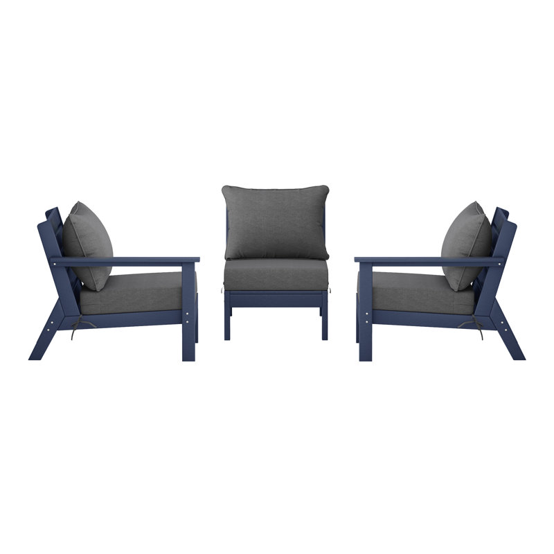3-Piece Deep Seating Set With Cushions, Gray, Navy Blue