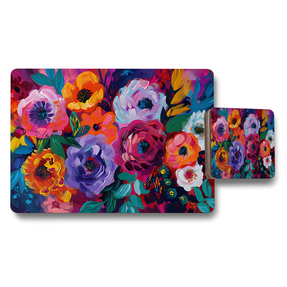 Vibrant Floral Placemat And Coaster Set With Multicolor Artwork