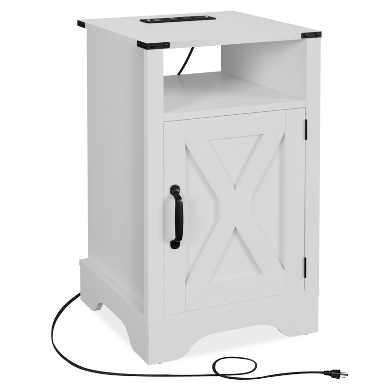 Farmhouse Nightstand Side Table, Wooden Rustic End Table, Tall Bedside Table With Electrical Outlets Charging Station (2 Sets)