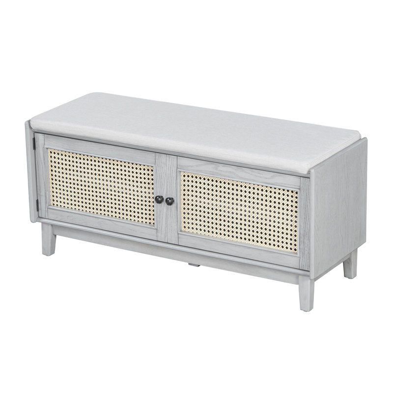 TREXM Boho Rattan Entryway Bench with Storage and Cushioned Seat, Beige and Gray Wash Finish, Gray Wood