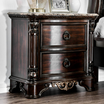 Table de chevet brun cerise avec 2 glissières de tiroir et plateau en marbre véritable