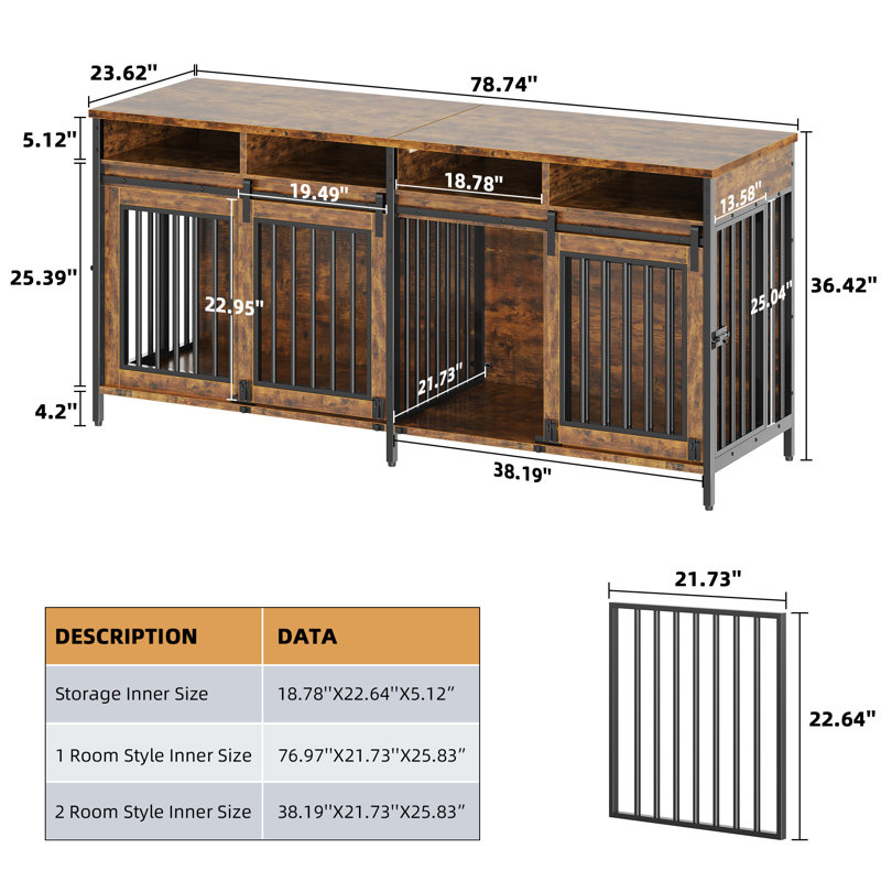 78.74'' Double Dog Crate Furniture with Removable Divider and 4 Compartments, Rustic Brown