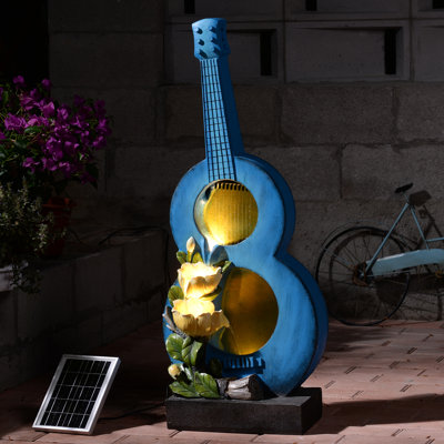 38" H Artistic Blue Guitar Solar Powered Fountain With Led Lights, Unique Musical Theme Outdoor Water Feature For Deck & Backyard.