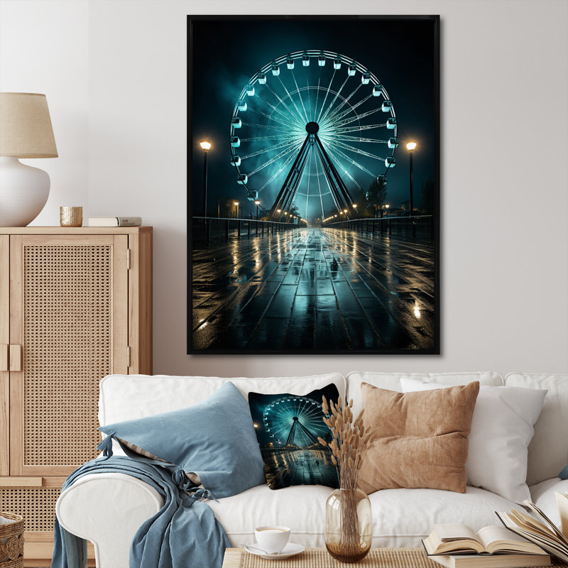 «Teal Ferris Wheel Nighttime Thrills», reproduction sur toile, H 32 po x l 24 po x P 1 po, Cadre flottant noir