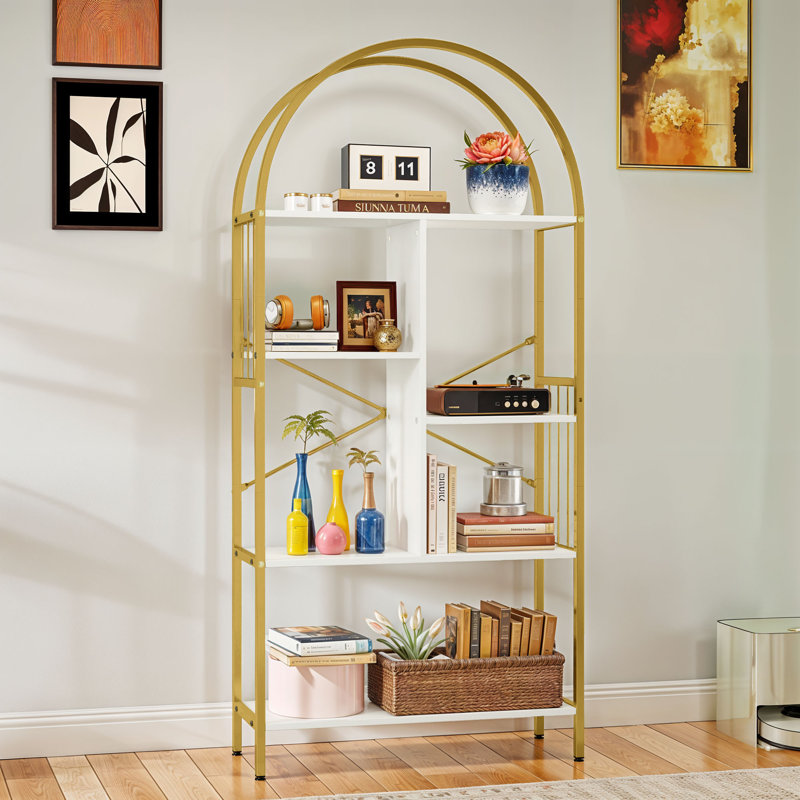  5 Tier Arched Bookshelf, Gold Metal Frame With White Wood Shelves, Standing Storage Display Rack