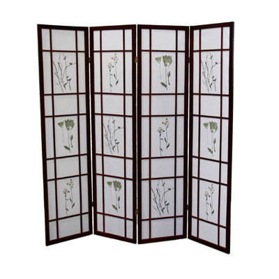 Paravent en bois à 4 panneaux de 178 cm de haut, fini cerisier, avec motif floral Shoji.