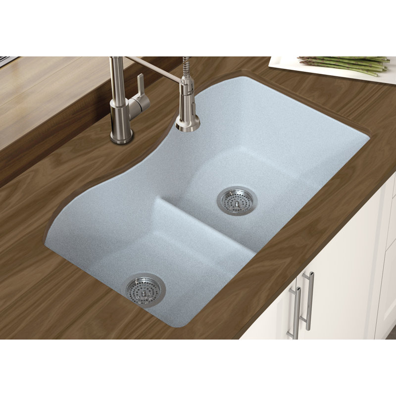 Évier de cuisine en granite à double cuve encastrable L 33 po x l 20 po, blanc