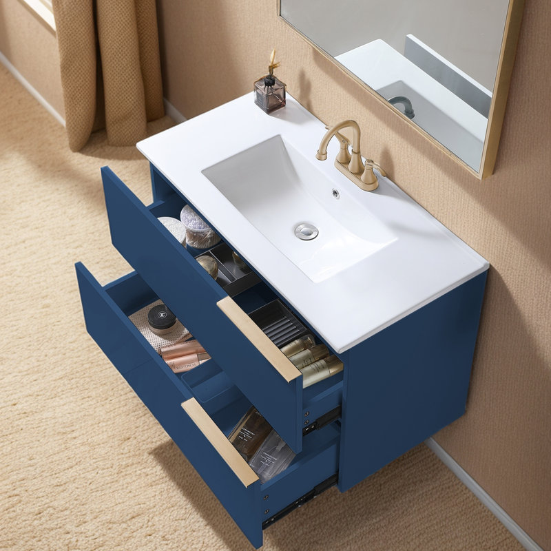 Ensemble de meuble-lavabo mural moderne bleu 36 po