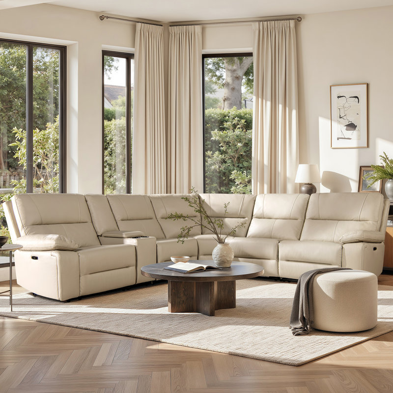 Canapé modulaire inclinable électrique en cuir véritable 6 pièces Aylinne, Cuir fleur crème, taupe, beige