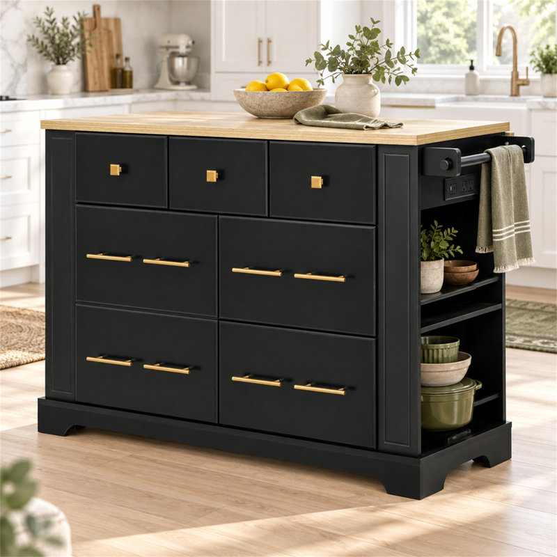 Îlot de cuisine à roulettes de 130 cm (51,2 po) avec tiroirs de rangement, compartiment poubelle coulissant et prises électriques, noir