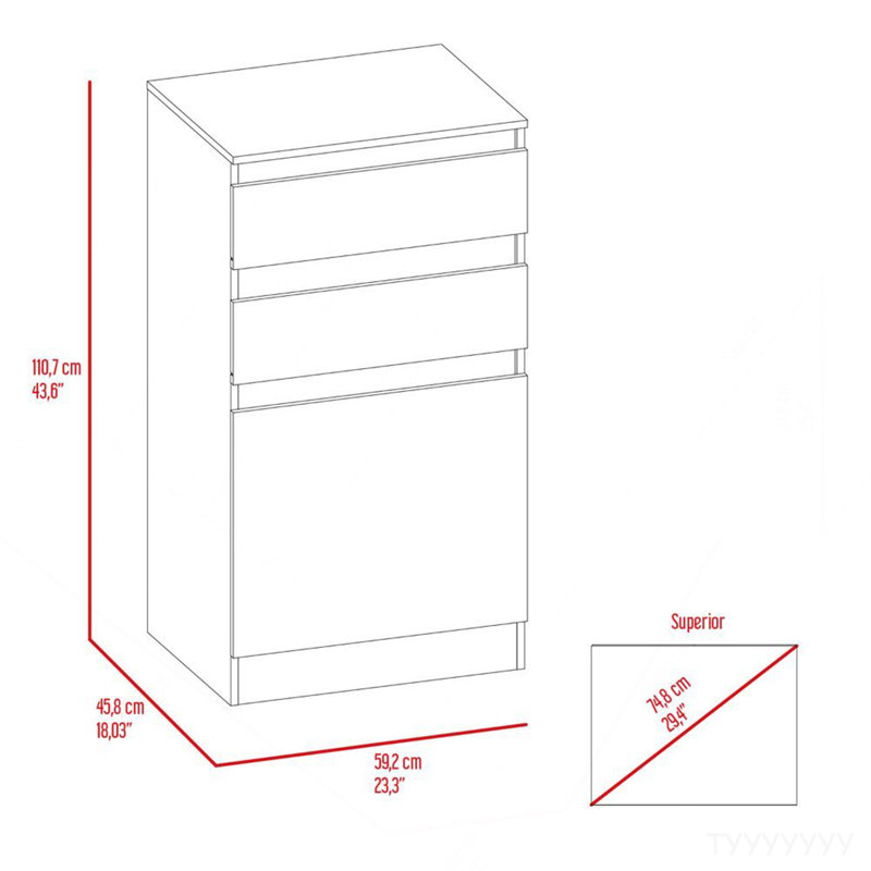 Dresser 43"H, Jewelry Box, Mirror, Single Door Cabinet, Two Drawers, White, White