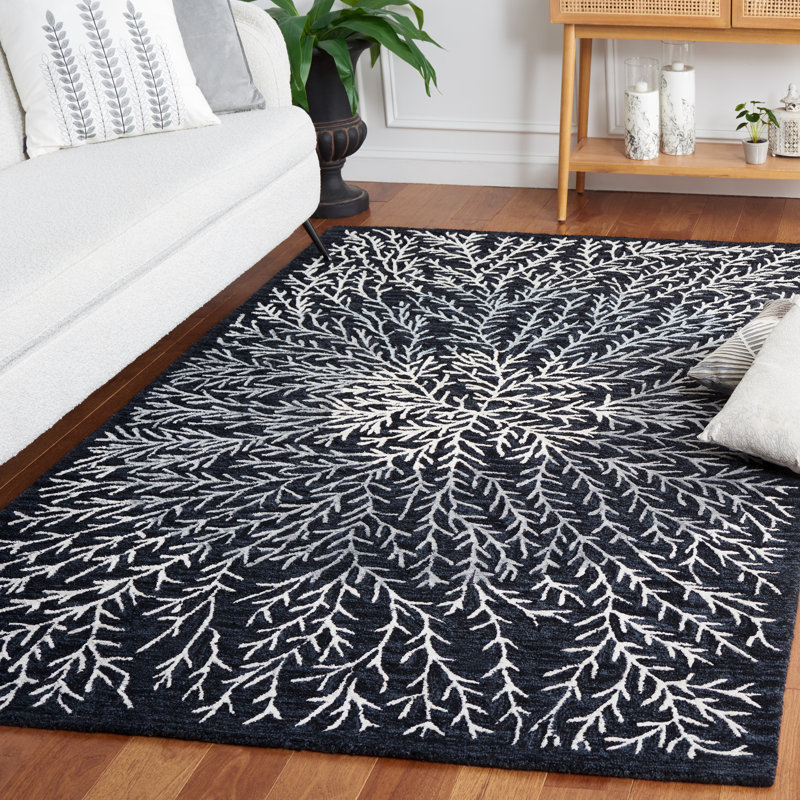 Tapis floral noir / ivoire en laine / coton / viscose touffeté à la main Soho, Rectangle 5 pi x 8 pi