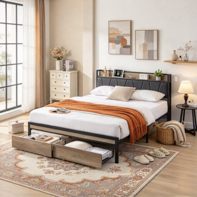 Metal Platform Bed with Upholstered Storage Headboard and USB Charging, Low Bed Frame with 2 Drawers and Footboard Easy Assembly, Queen Size, Black+ Grey[USB + Upholstery Headboard + 2 Drawers]